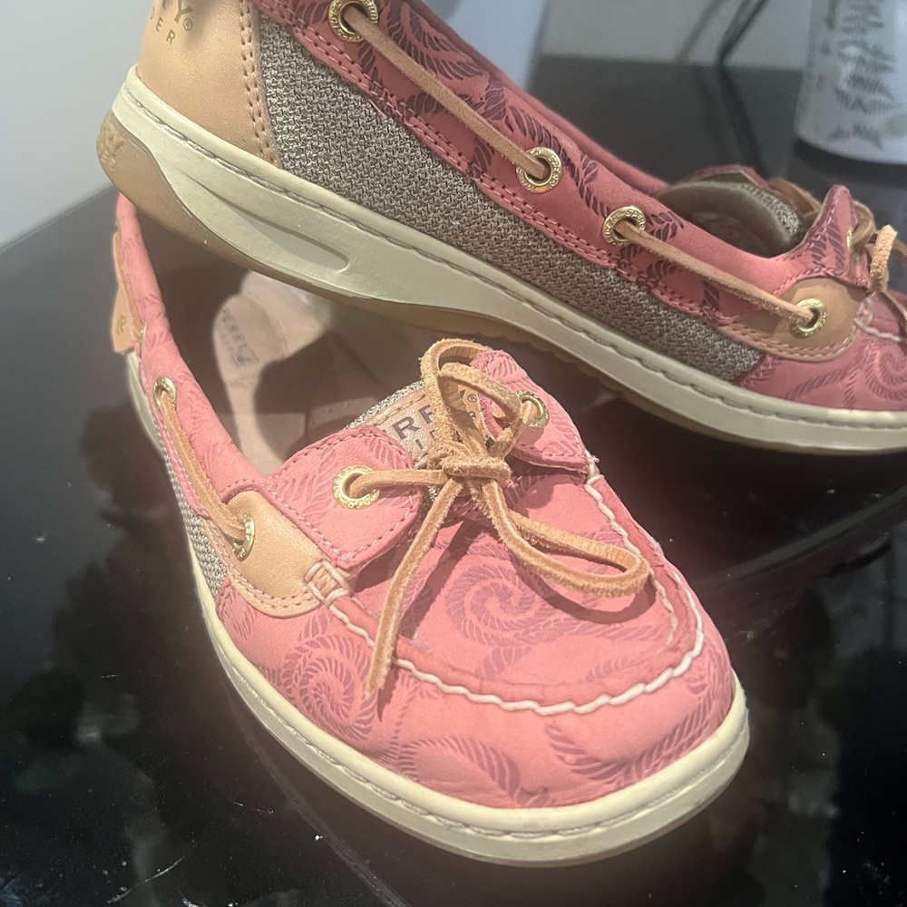 Pink Patterned Boat Shoes with Tan Accents